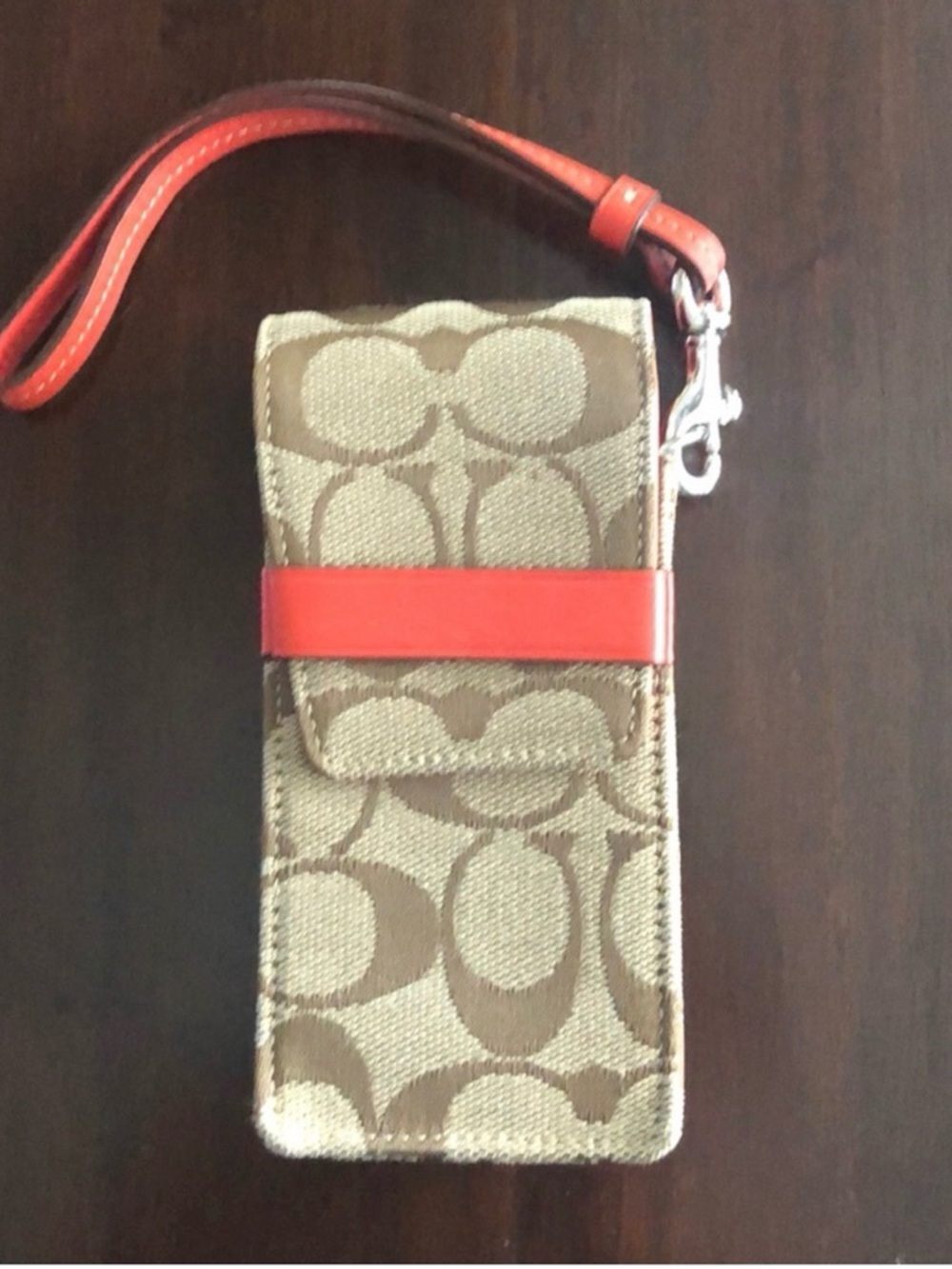 Coach Signature Canvas Wristlet Phone Pouch in Tan with Red Strap